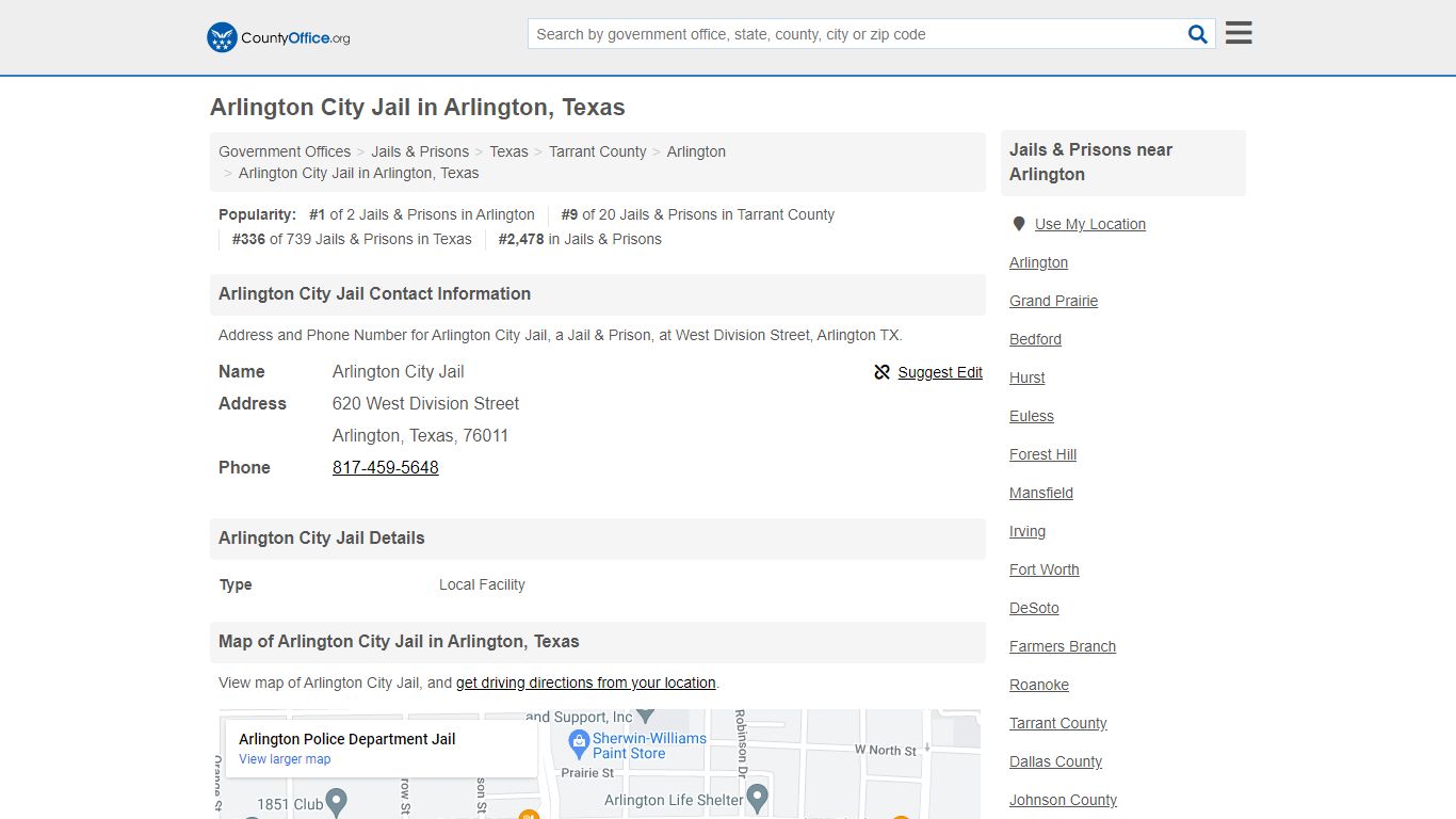 Arlington City Jail - Arlington, TX (Address and Phone) - County Office